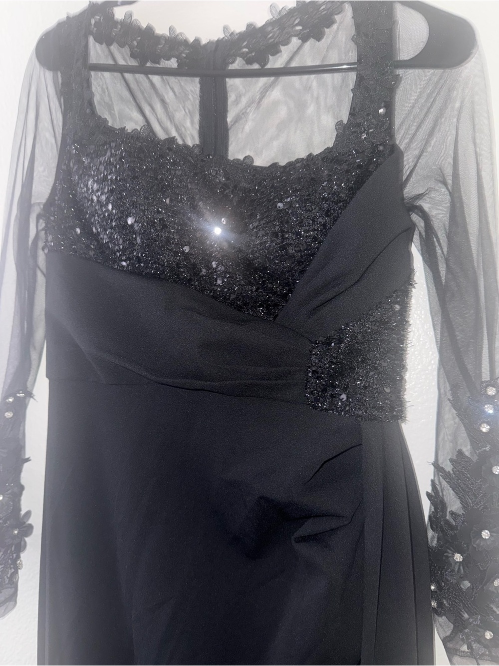 Black Sequin Asymmetrical Evening Dress with Mesh Sleeves